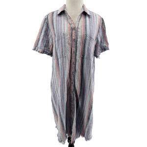 Cafe Marrakesh Women's Linen Blend Short Sleeve Fringe Hem Shirt Dress Large